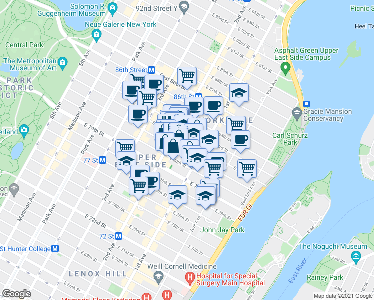 map of restaurants, bars, coffee shops, grocery stores, and more near 313 East 81st Street in New York