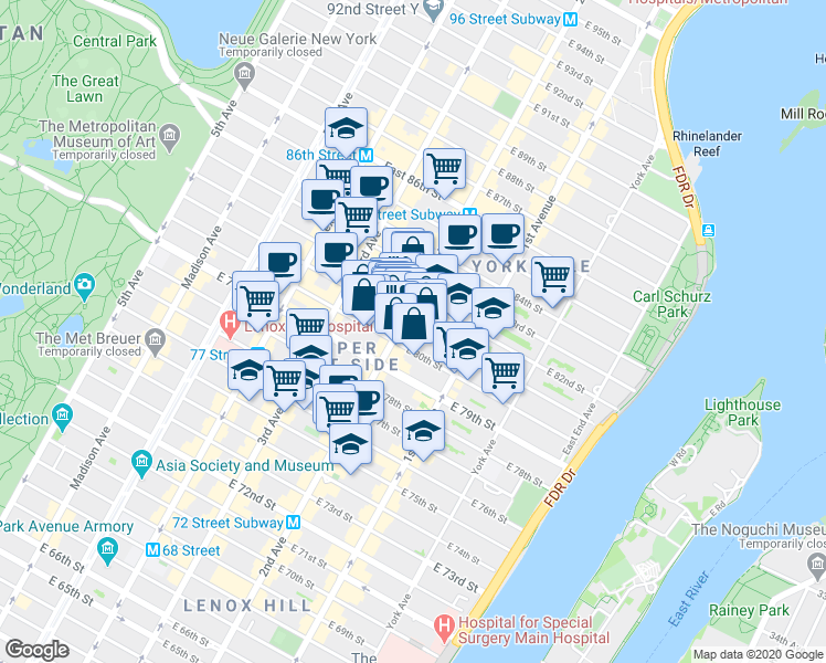 map of restaurants, bars, coffee shops, grocery stores, and more near in New York