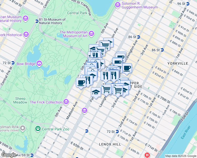 map of restaurants, bars, coffee shops, grocery stores, and more near 80 East 77th Street in New York