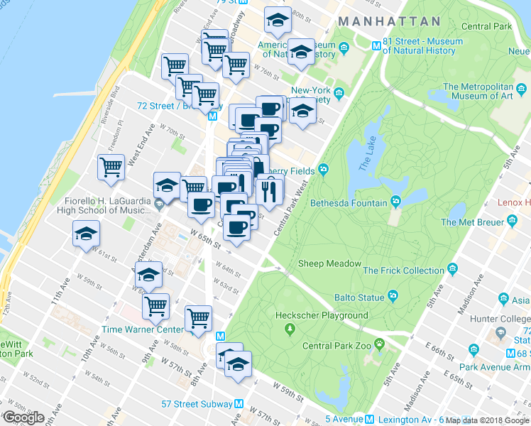 map of restaurants, bars, coffee shops, grocery stores, and more near 88 Central Park West in New York
