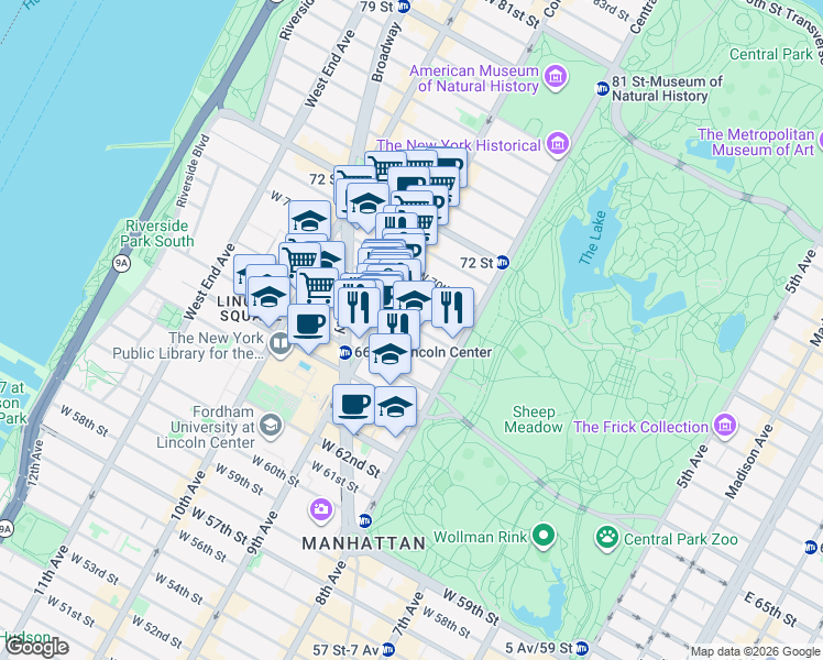 map of restaurants, bars, coffee shops, grocery stores, and more near 67 West 68th Street in New York