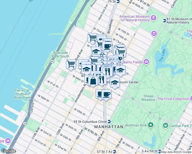 map of restaurants, bars, coffee shops, grocery stores, and more near 1991 Broadway in New York