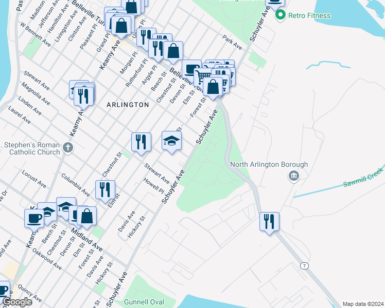 map of restaurants, bars, coffee shops, grocery stores, and more near 33 Shepherd Place in Kearny