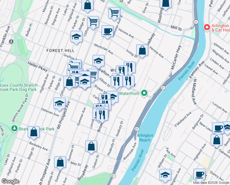 map of restaurants, bars, coffee shops, grocery stores, and more near 710 Broadway in Newark