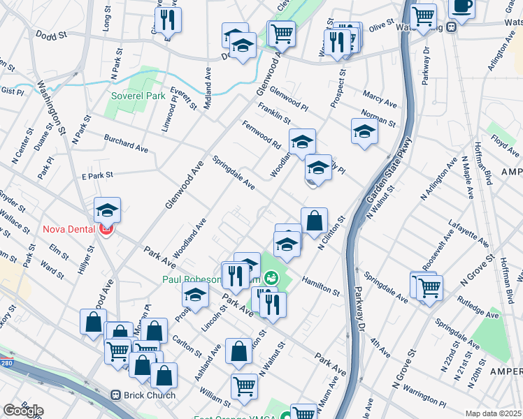 map of restaurants, bars, coffee shops, grocery stores, and more near in East Orange