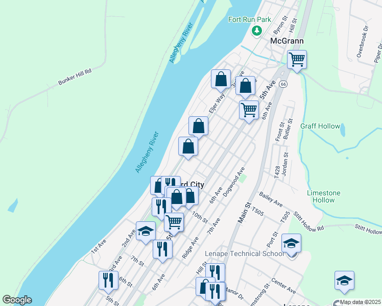 map of restaurants, bars, coffee shops, grocery stores, and more near 1205 3rd Avenue in Ford City