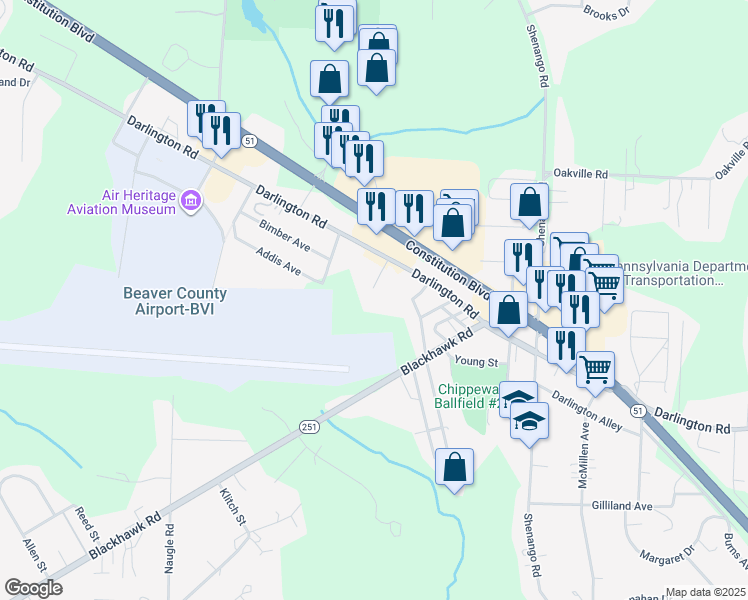 map of restaurants, bars, coffee shops, grocery stores, and more near 104 Pappan Business Drive in Beaver Falls