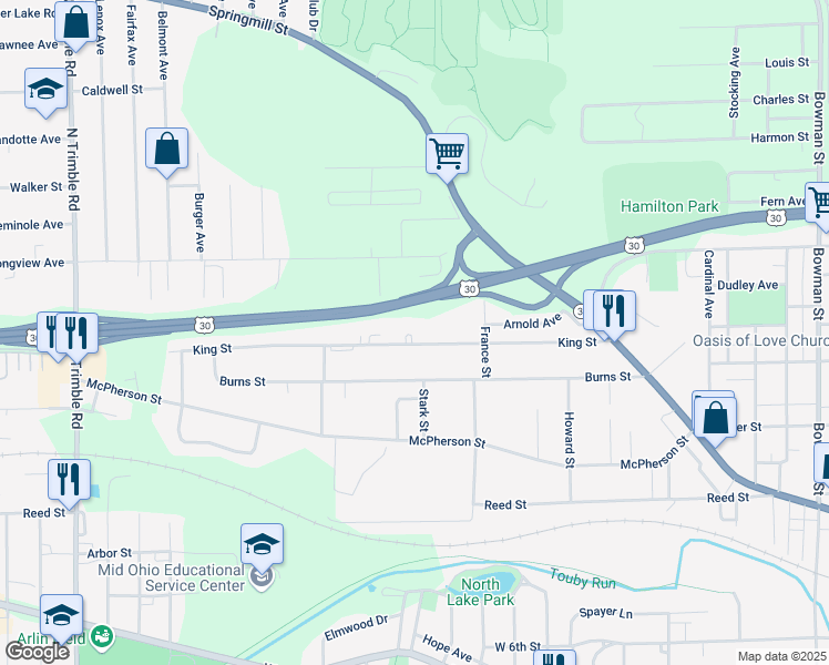 map of restaurants, bars, coffee shops, grocery stores, and more near 690 King Street in Mansfield
