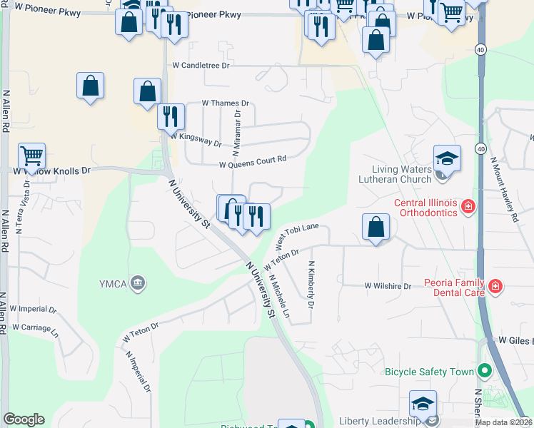 map of restaurants, bars, coffee shops, grocery stores, and more near 1433 West Tiffany Court in Peoria