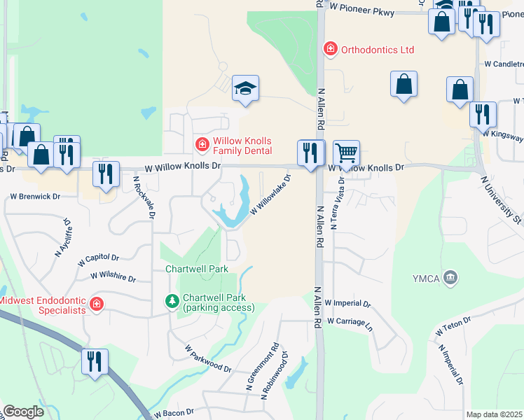 map of restaurants, bars, coffee shops, grocery stores, and more near 2700 West Willowlake Drive in Peoria
