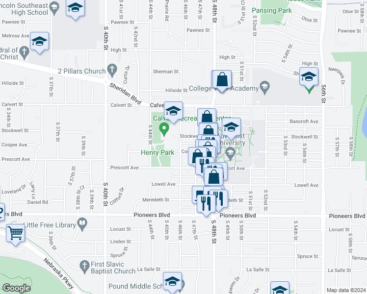 map of restaurants, bars, coffee shops, grocery stores, and more near 3831 South 46th Street in Lincoln