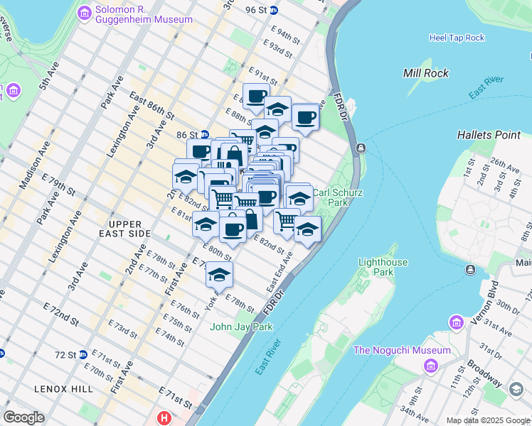 map of restaurants, bars, coffee shops, grocery stores, and more near 1588 York Avenue in New York