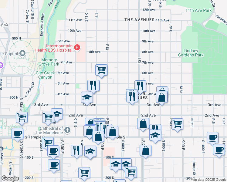 map of restaurants, bars, coffee shops, grocery stores, and more near 224 North G Street in Salt Lake City