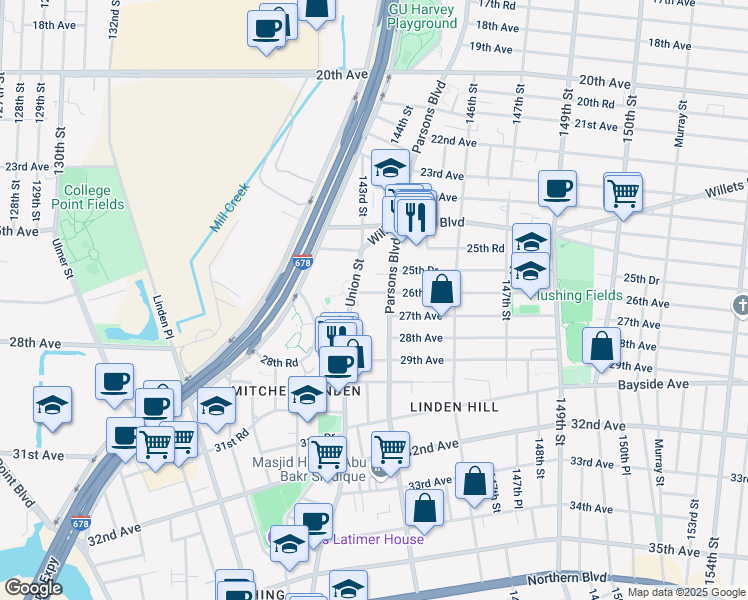 map of restaurants, bars, coffee shops, grocery stores, and more near 142-20 26th Avenue in Queens