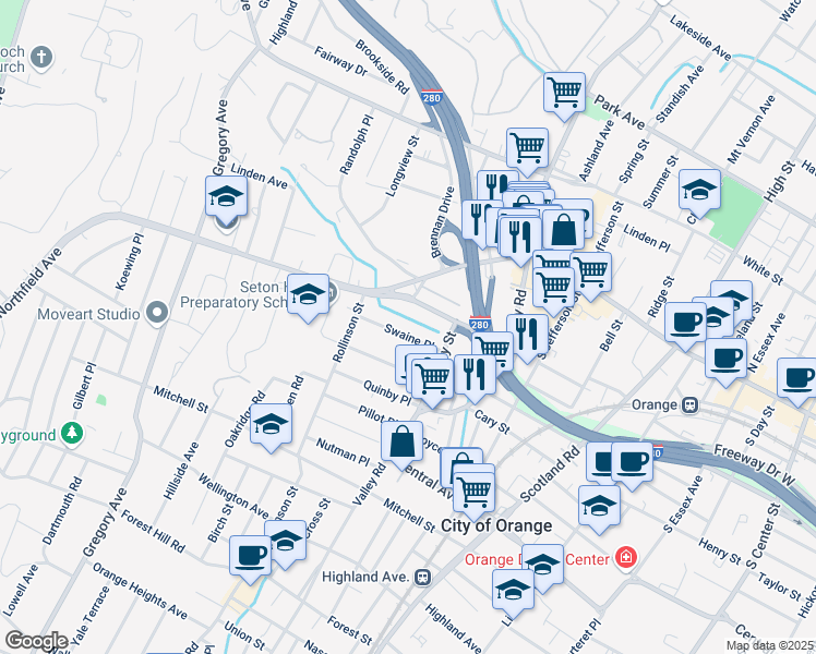 map of restaurants, bars, coffee shops, grocery stores, and more near 25 Swaine Place in West Orange