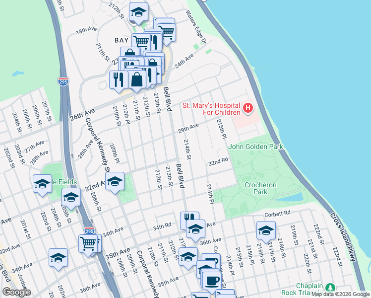 map of restaurants, bars, coffee shops, grocery stores, and more near 29-29 Bell Boulevard in Queens