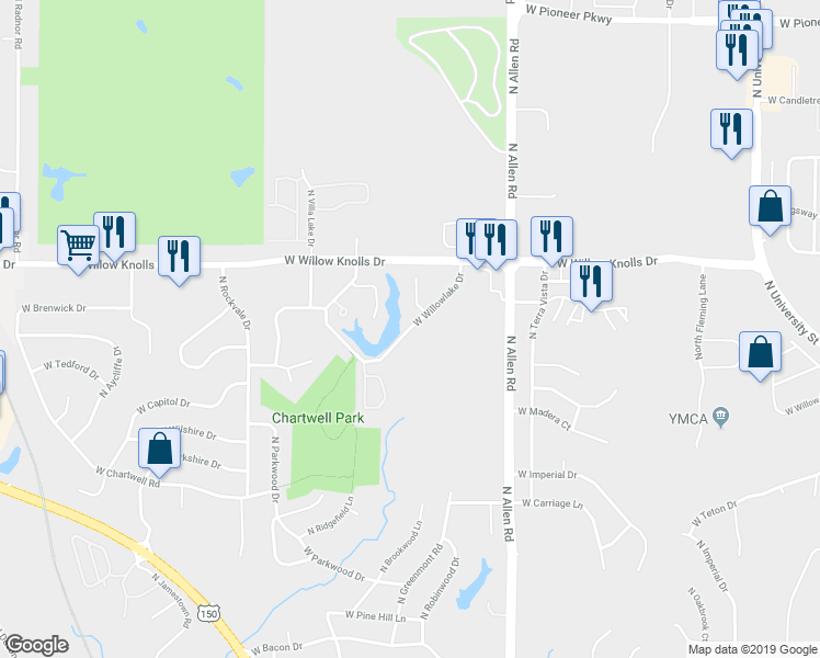 map of restaurants, bars, coffee shops, grocery stores, and more near 2799 West Willowlake Drive in Peoria