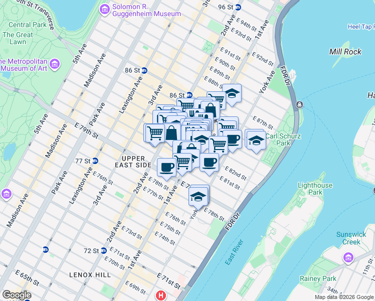 map of restaurants, bars, coffee shops, grocery stores, and more near 350 East 82nd Street in New York