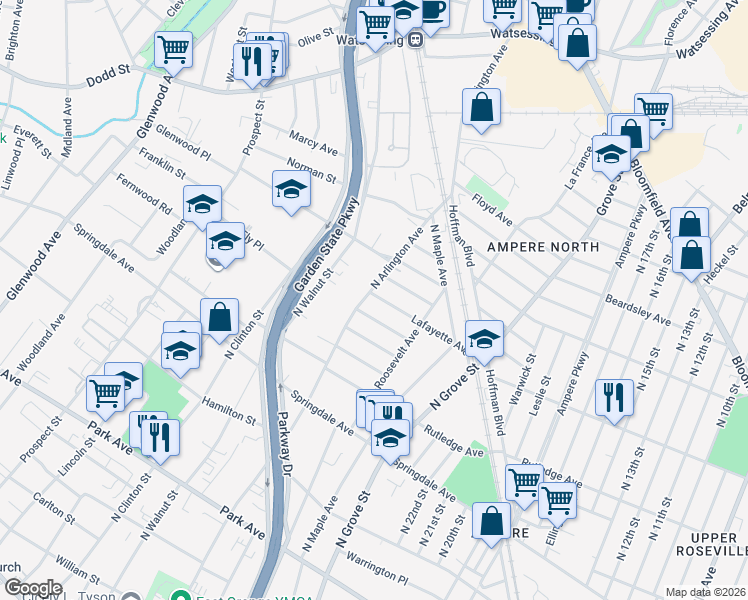 map of restaurants, bars, coffee shops, grocery stores, and more near 444 North Arlington Avenue in East Orange