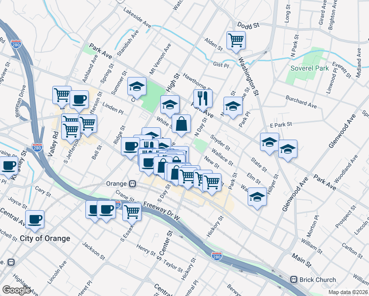 map of restaurants, bars, coffee shops, grocery stores, and more near 80 North Essex Avenue in City of Orange