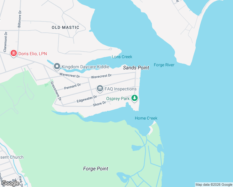 map of restaurants, bars, coffee shops, grocery stores, and more near 26 Edgewater Drive in Mastic Beach