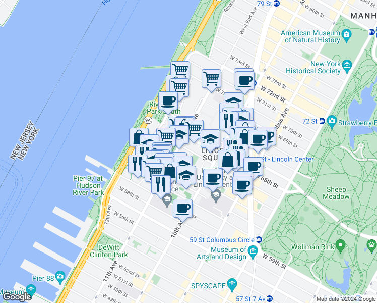 map of restaurants, bars, coffee shops, grocery stores, and more near 248 West 64th Street in New York