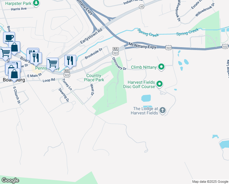 map of restaurants, bars, coffee shops, grocery stores, and more near 196 Kestrel Lane in Boalsburg