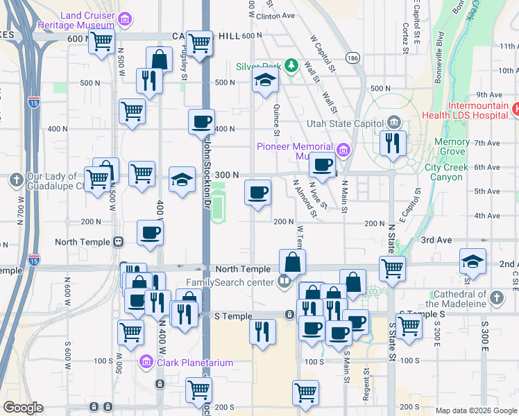 map of restaurants, bars, coffee shops, grocery stores, and more near 222 North 200 West in Salt Lake City