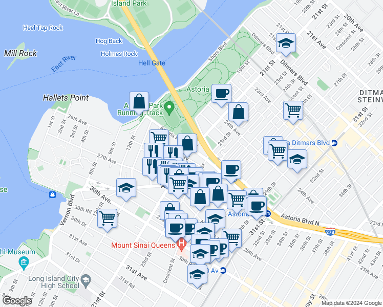 map of restaurants, bars, coffee shops, grocery stores, and more near 25-06 21st Street in Queens