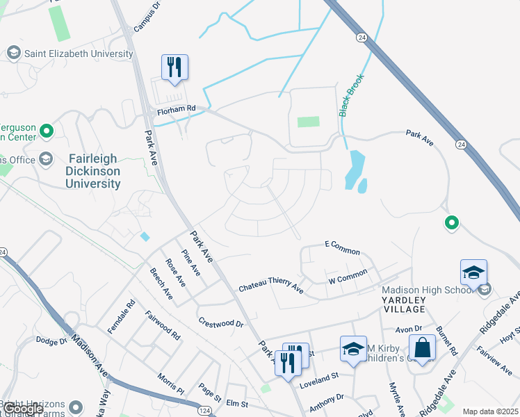 map of restaurants, bars, coffee shops, grocery stores, and more near 19 Cunningham Drive in Florham Park