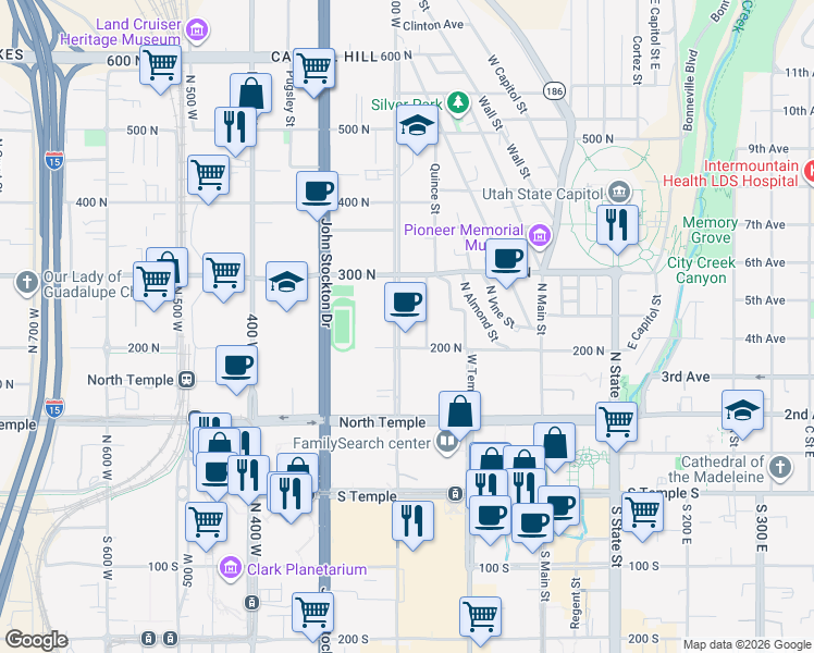 map of restaurants, bars, coffee shops, grocery stores, and more near 222 North 200 West in Salt Lake City