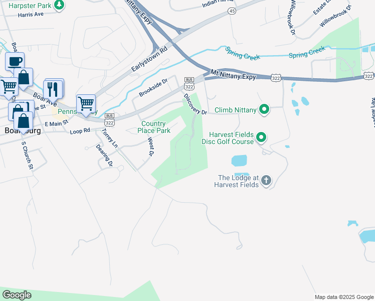 map of restaurants, bars, coffee shops, grocery stores, and more near 196 Kestrel Lane in Boalsburg