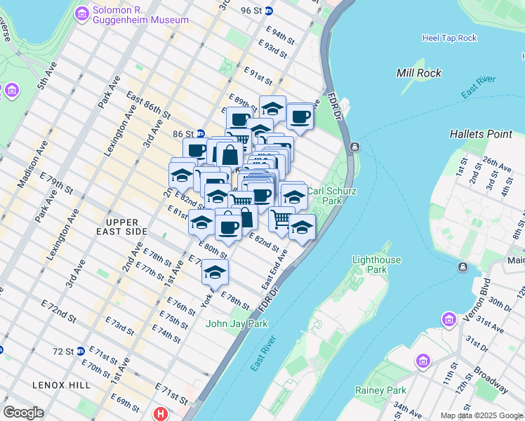 map of restaurants, bars, coffee shops, grocery stores, and more near 1590 York Avenue in New York