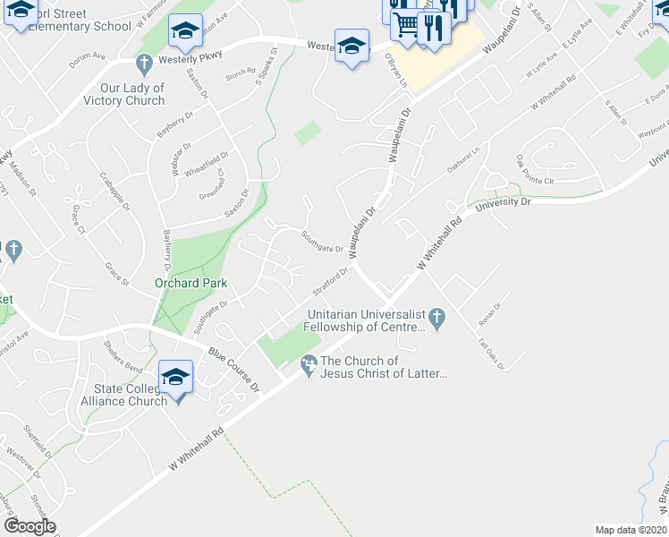 map of restaurants, bars, coffee shops, grocery stores, and more near 741 Stratford Drive in State College
