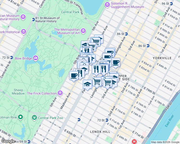 map of restaurants, bars, coffee shops, grocery stores, and more near 80 East 77th Street in New York