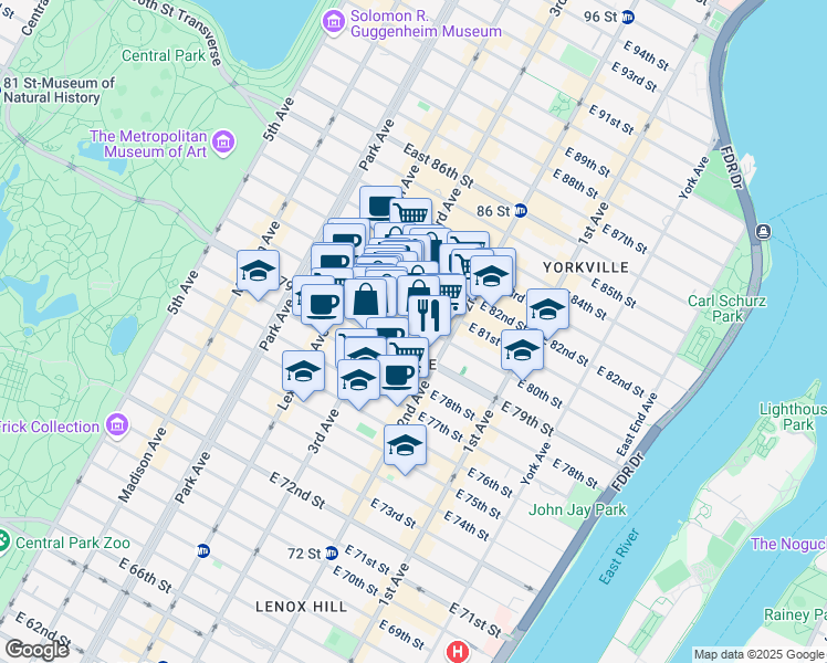 map of restaurants, bars, coffee shops, grocery stores, and more near 222 East 80th Street in New York