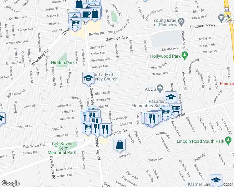 map of restaurants, bars, coffee shops, grocery stores, and more near 33 Blanche Street in Plainview