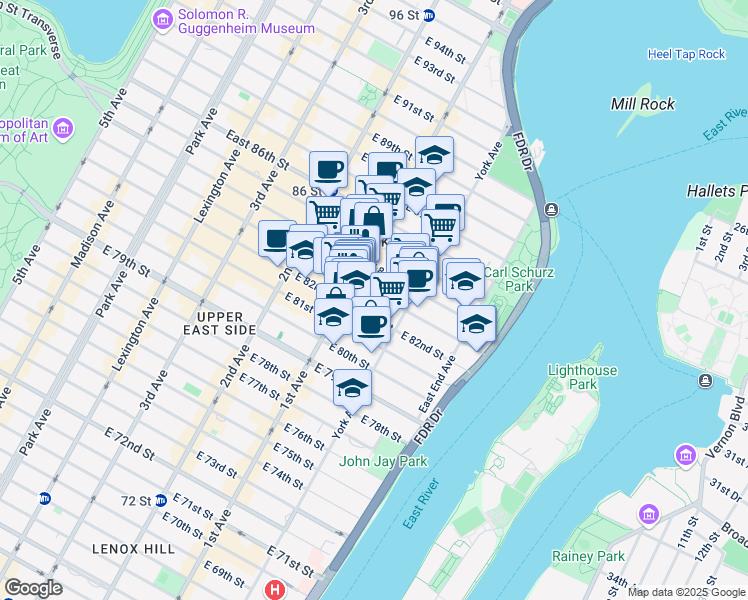 map of restaurants, bars, coffee shops, grocery stores, and more near 416 East 83rd Street in New York
