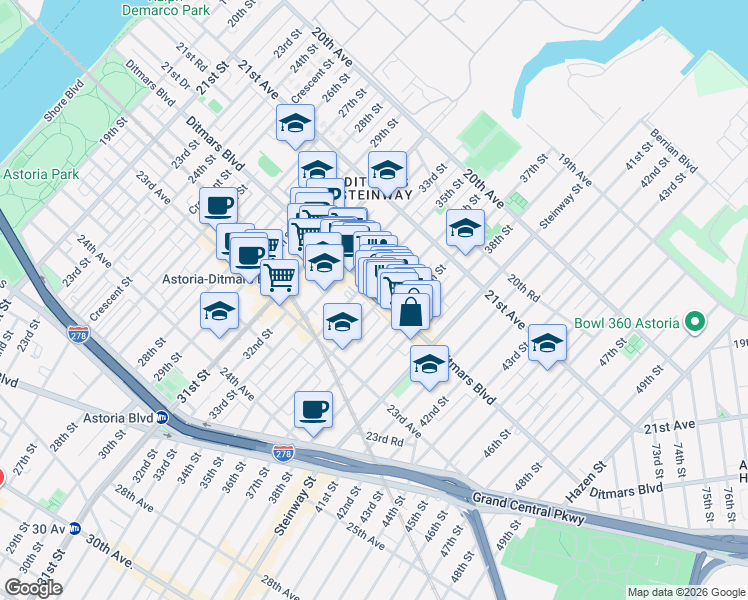 map of restaurants, bars, coffee shops, grocery stores, and more near in Queens
