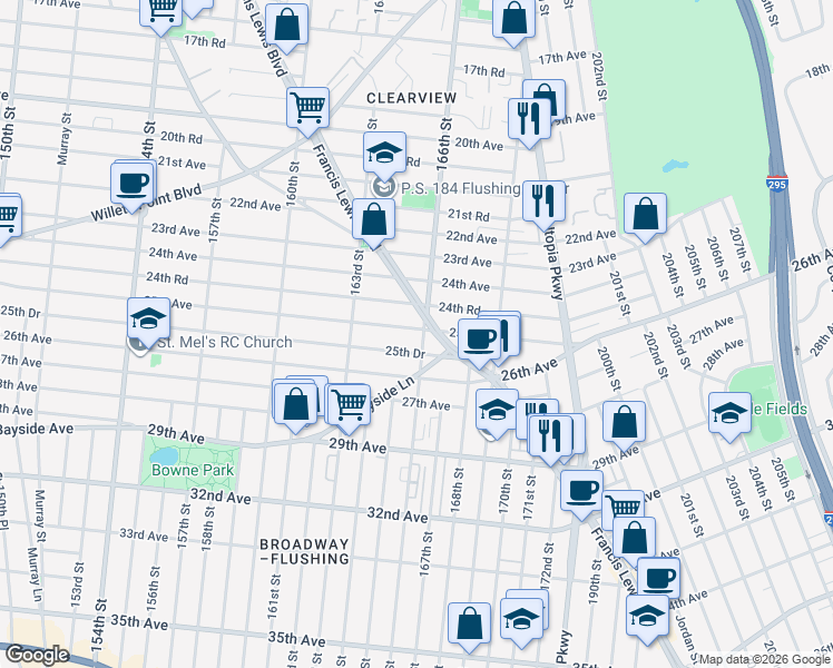 map of restaurants, bars, coffee shops, grocery stores, and more near 4 166th Street in Queens