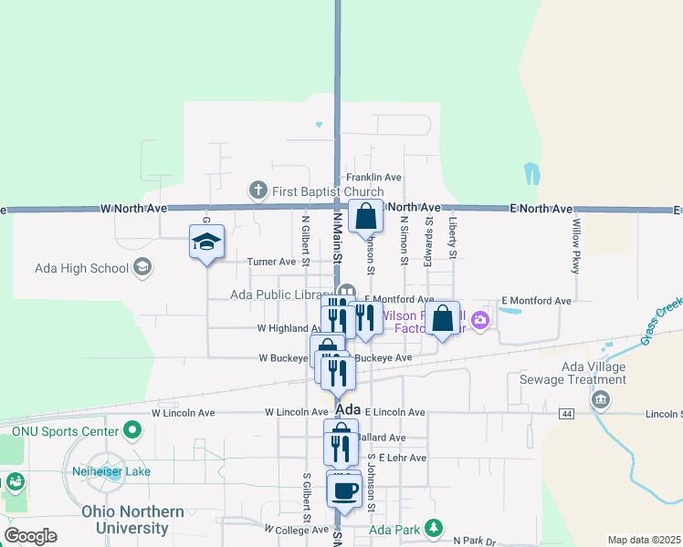 map of restaurants, bars, coffee shops, grocery stores, and more near 428 N Main St in Ada