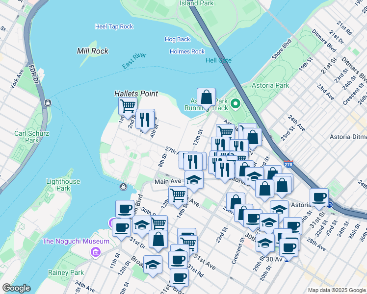 map of restaurants, bars, coffee shops, grocery stores, and more near 26-45 9th Street in Queens