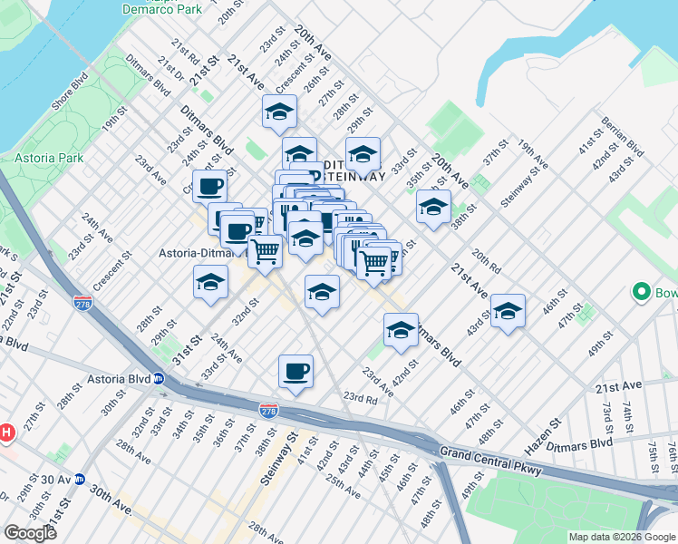 map of restaurants, bars, coffee shops, grocery stores, and more near 22-13 35th Street in Queens