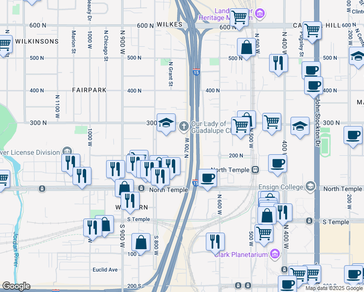 map of restaurants, bars, coffee shops, grocery stores, and more near 750 West 200 North in Salt Lake City