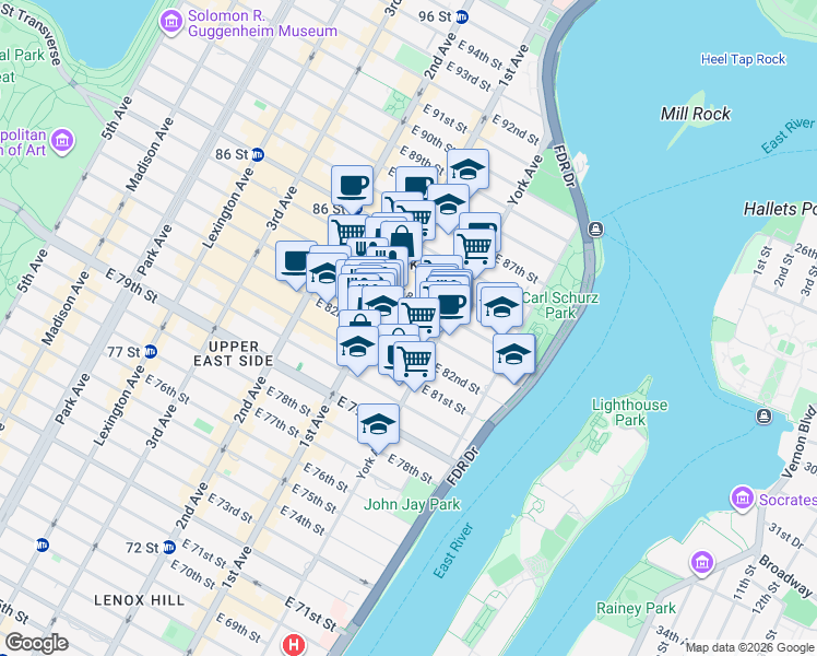 map of restaurants, bars, coffee shops, grocery stores, and more near 408 East 82nd Street in New York