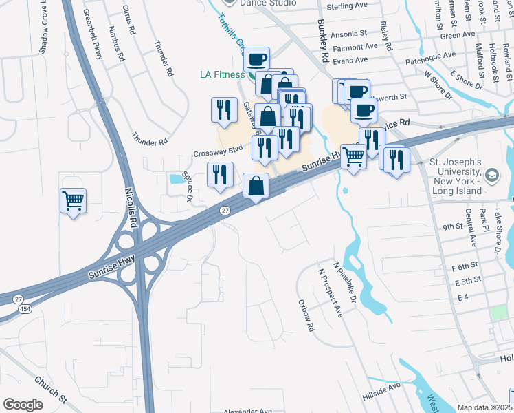 map of restaurants, bars, coffee shops, grocery stores, and more near 582 Sunrise Highway South Service Road in Patchogue