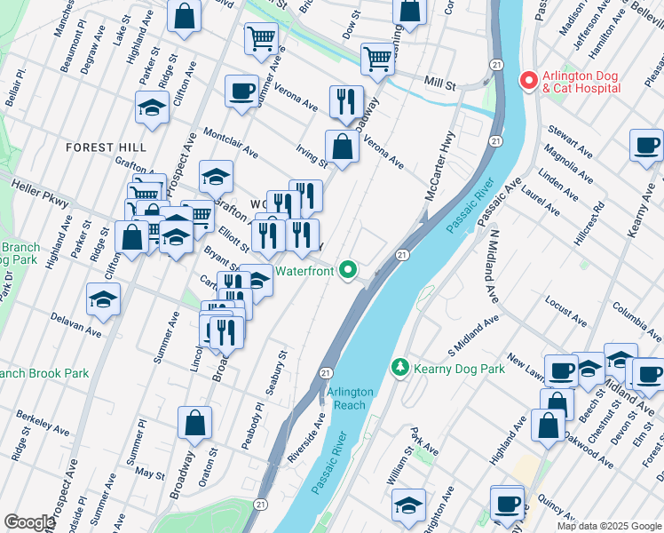 map of restaurants, bars, coffee shops, grocery stores, and more near 25 Grafton Avenue in Newark