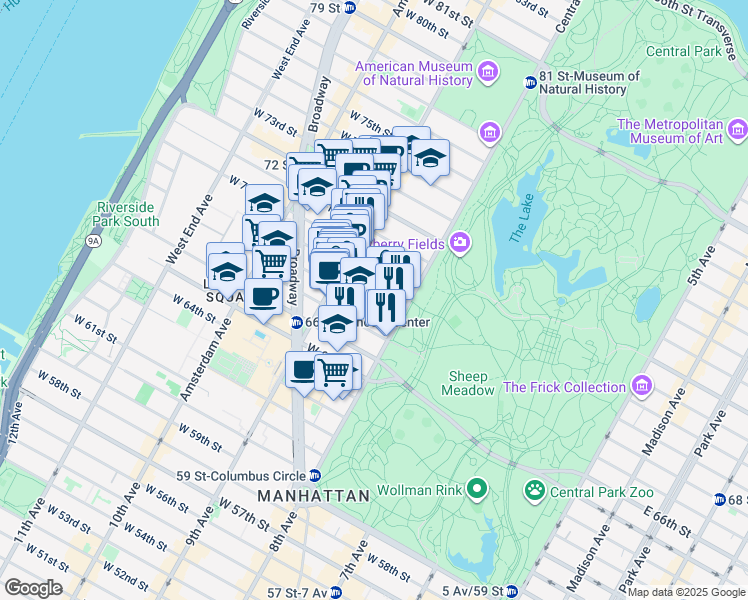 map of restaurants, bars, coffee shops, grocery stores, and more near 25 West 68th Street in New York