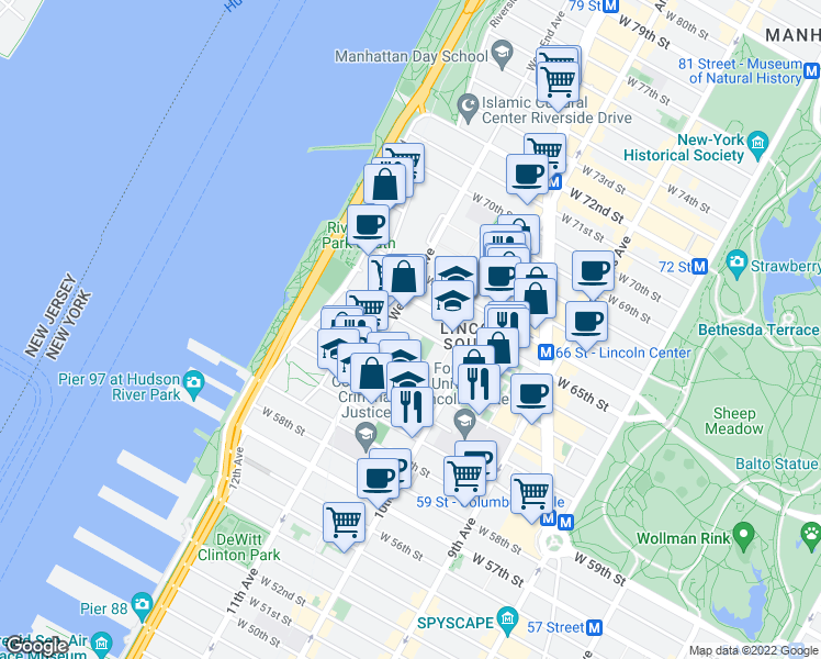 map of restaurants, bars, coffee shops, grocery stores, and more near 248 West 64th Street in New York