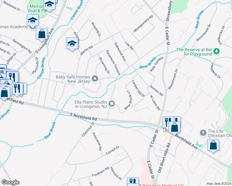 map of restaurants, bars, coffee shops, grocery stores, and more near 44 Sycamore Avenue in Livingston